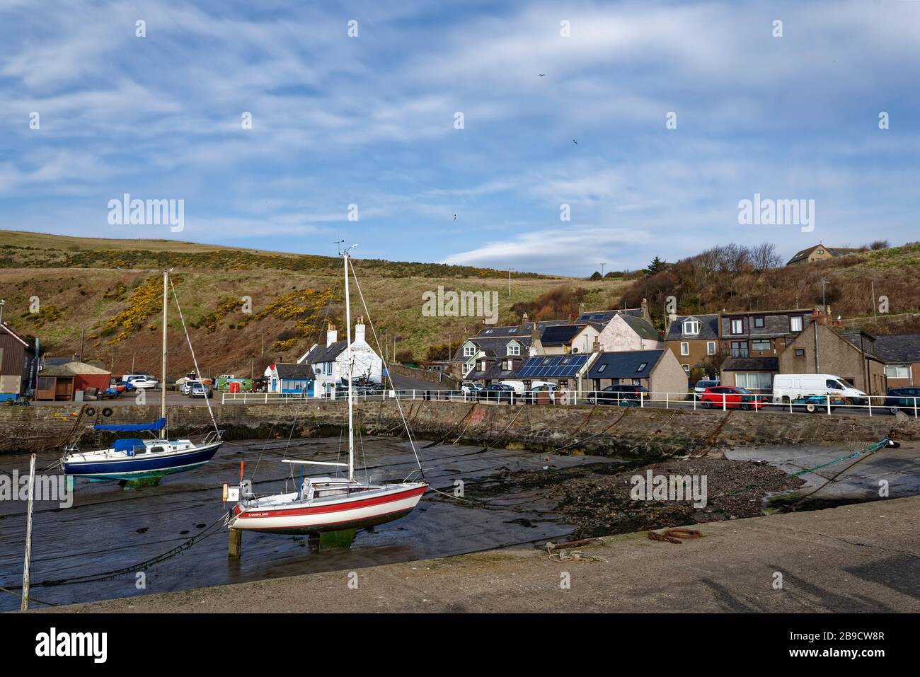 Zwei Segelschiffe moorierten bei Ebbe im kleinen Hafen des Fischerdorfs Gourdon an der Ostküste Schottlands im Silt. Stockfoto