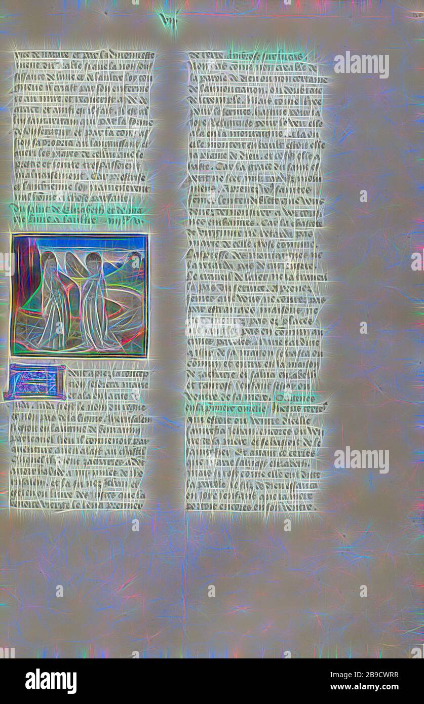 The Visitation, Gent, Belgien, ca. 1475, Temperafarben, Blattgold und Goldfarbe auf Pergament, Blatt: 43,8 x 30,5 cm (17 1,4 x 12 Zoll, von Gibon neu erdacht, Design von warmem, fröhlichem Leuchten von Helligkeit und Lichtstrahlen. Klassische Kunst mit moderner Note neu erfunden. Fotografie, inspiriert vom Futurismus, die dynamische Energie moderner Technologie, Bewegung, Geschwindigkeit und Kultur revolutionieren. Stockfoto