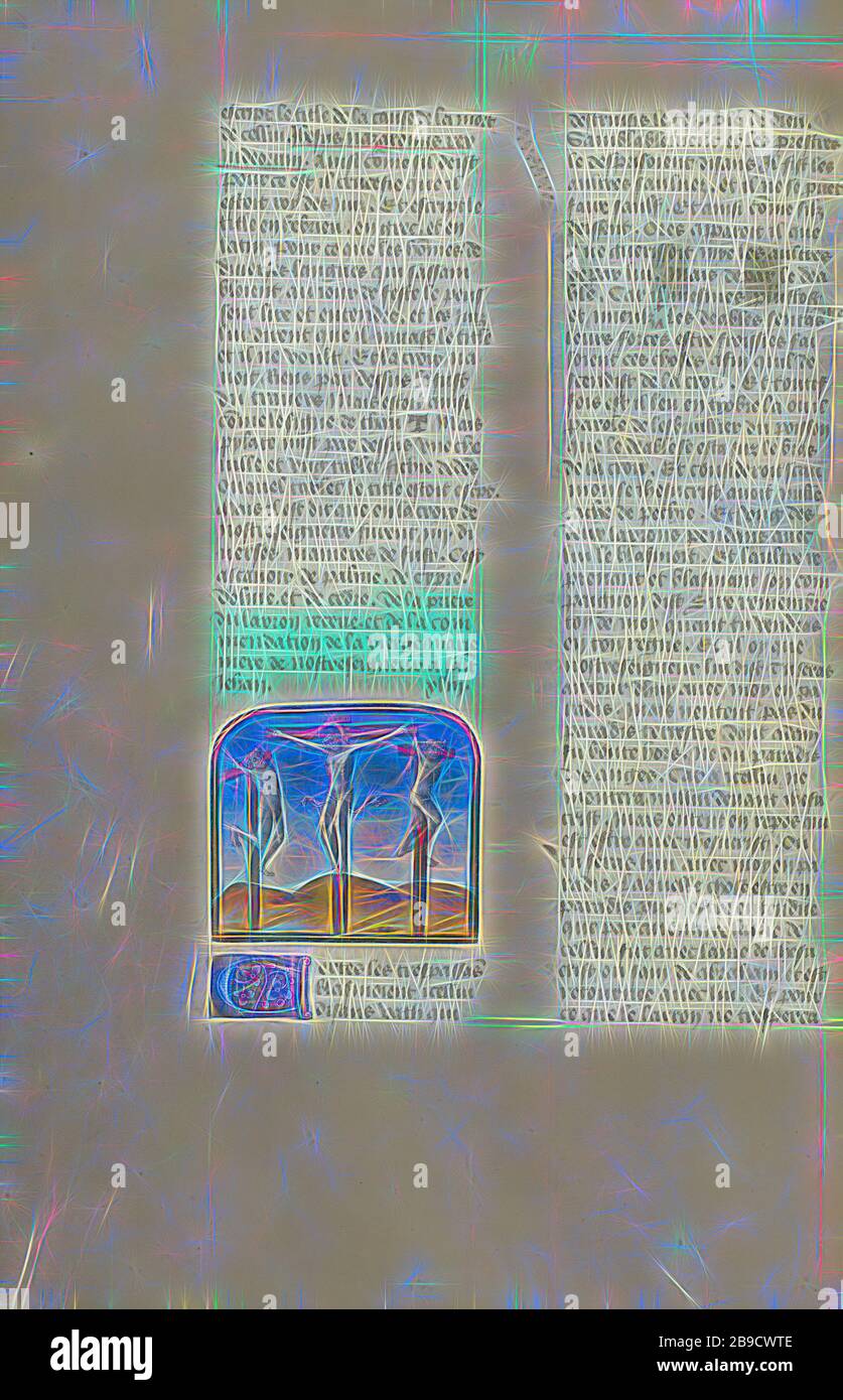 The Crucifixion, Gent, Belgien, ca. 1475, Temperafarben, Blattgold und Goldfarbe auf Pergament, Blatt: 43,8 x 30,5 cm (17 1,4 x 12 Zoll, von Gibon neu erdacht, Design von warmem, fröhlichem Leuchten von Helligkeit und Lichtstrahlen. Klassische Kunst mit moderner Note neu erfunden. Fotografie, inspiriert vom Futurismus, die dynamische Energie moderner Technologie, Bewegung, Geschwindigkeit und Kultur revolutionieren. Stockfoto