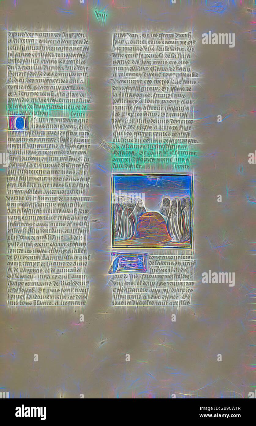 The Ascension, Gent, Belgien, ca. 1475, Temperafarben, Blattgold und Goldfarbe auf Pergament, Blatt: 43,8 x 30,5 cm (17 1,4 x 12 Zoll, von Gibon neu erdacht, Design von warmfröhlichem Leuchten von Helligkeit und Lichtstrahlen. Klassische Kunst mit moderner Note neu erfunden. Fotografie, inspiriert vom Futurismus, die dynamische Energie moderner Technologie, Bewegung, Geschwindigkeit und Kultur revolutionieren. Stockfoto