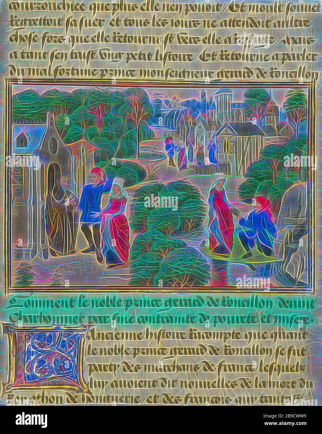 Gerard und Bertha finden bei einer Einsiedelei, Loyset Liédet (flämisch, aktiv ca. 1448 - 1478) und Pol Fruit (flämisch, aktiv ca. 1468), beleuchtet: Brüggen, Belgien, geschrieben 1463 - 1465, beleuchtet 1467 - 1472, erhellt Temperafarben, Blattgold und Goldfarbe auf Pergament, Blatt: 22,7 x 18,4 cm (8 15,16 x 7 1,4 Zoll, neu von Gibon, Design von warmem, fröhlichem Leuchten von Helligkeit und Lichtstrahlen. Klassische Kunst mit moderner Note neu erfunden. Fotografie, inspiriert vom Futurismus, die dynamische Energie moderner Technologie, Bewegung, Geschwindigkeit und Kultur revolutionieren. Stockfoto