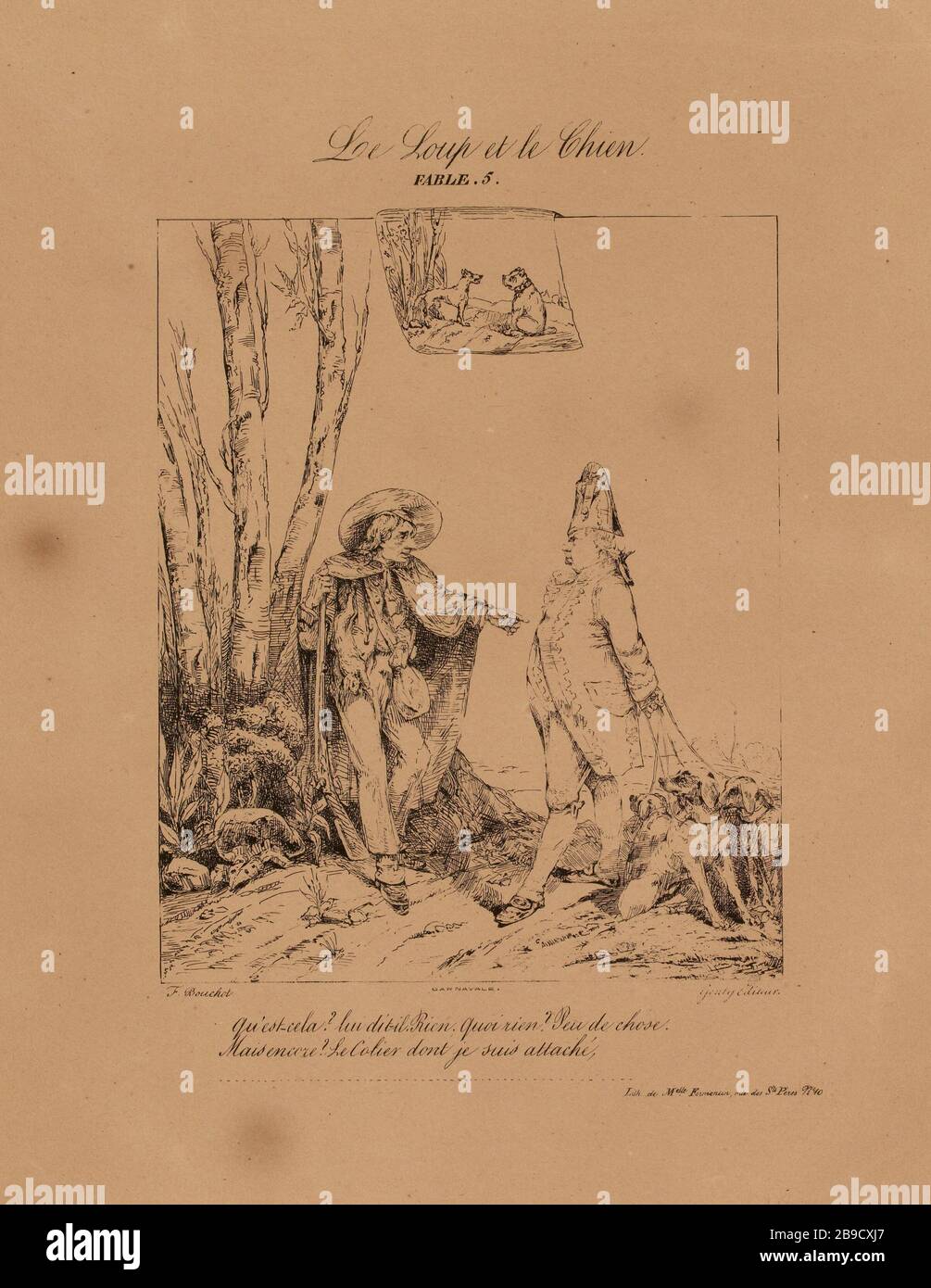 Der Hund und der Wolf (eingetragener Titel). Moralisches Fabeln von La Fontaine (insgesamt) Stockfoto