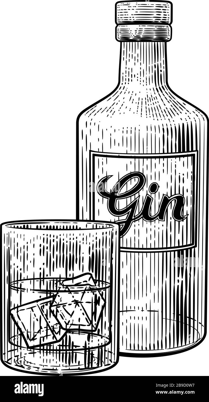 Gin Bottle Glass und Ice Vintage Ätzstil Stock Vektor