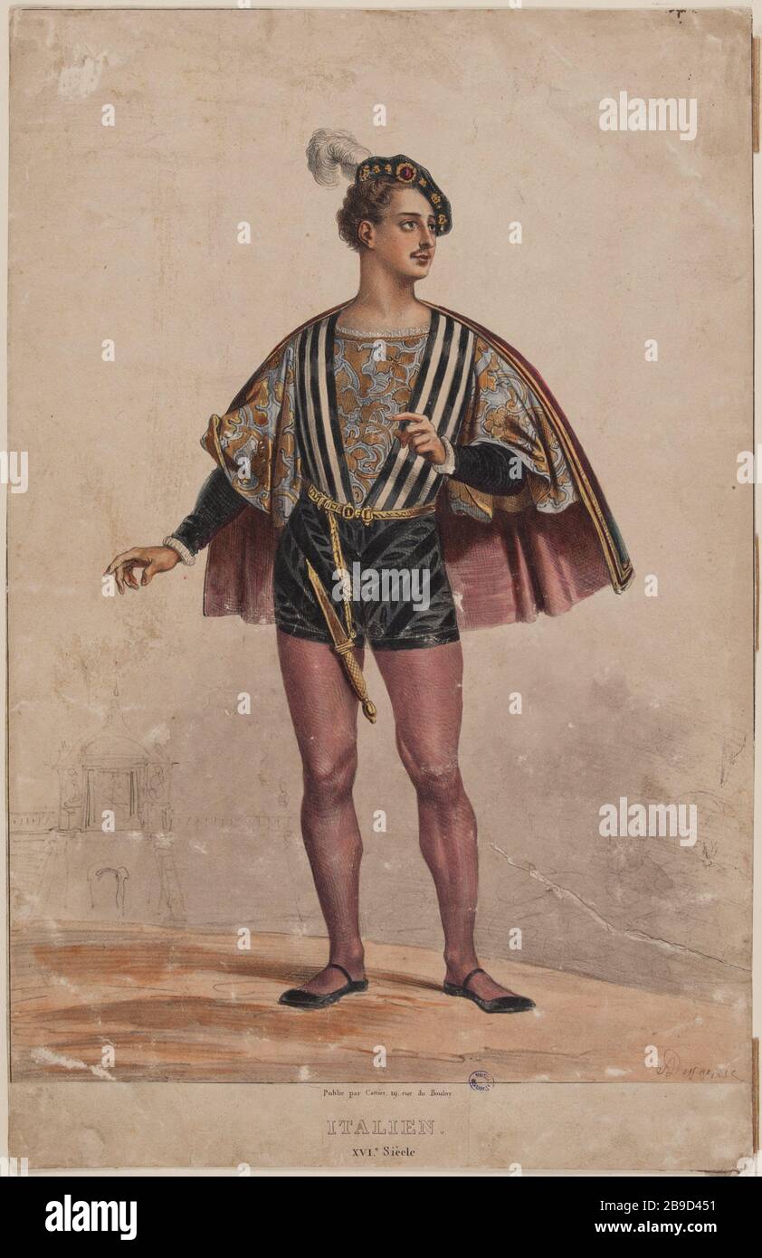 Historische Kostüme? : italienisches Kostüm (sechzehnten Jahrhundert) Achille Devéria (1800-1857), Graveur français et Cattier. Trachten historiques: Kostüm italien (XVIe siècle). Lithographie coloriée et gommée sur Papier, 1831. Paris, musée Carnavalet. Stockfoto