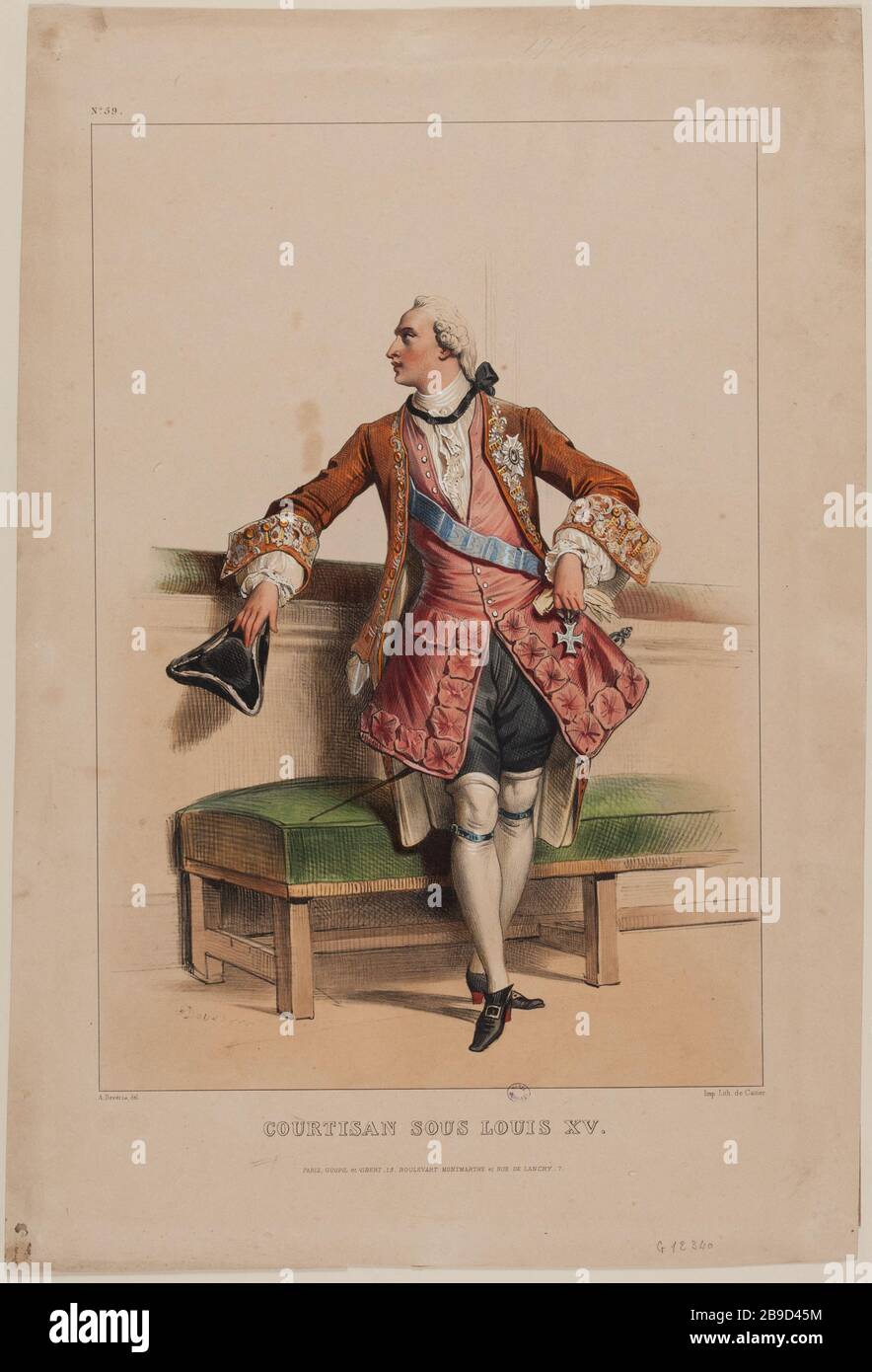 Historische Kostüme? : Courtisan Louis XV, Nr. 59 Achille Devéria (1800-1857), Graveur français, et Cattier. Trachten historiques: Courtisan sous Louis XV, Nr. 59. Lithographie coloriée et gommée sur Papier, 1831. Paris, musée Carnavalet. Stockfoto