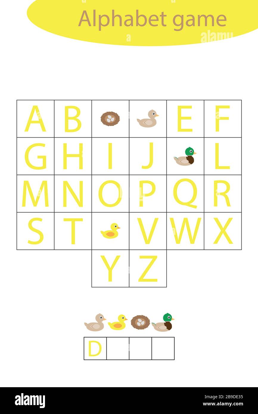 Duck Alphabet Spiel für Kinder, machen Sie ein Wort, Vorschul-Arbeitsblatt-Aktivität für Kinder, pädagogische Rechtschreib-Gerangel-Spiel für die Entwicklung von Stock Vektor