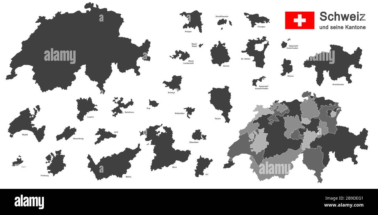Silhouetten des Landes Schweiz und aller Kantonen Stock Vektor