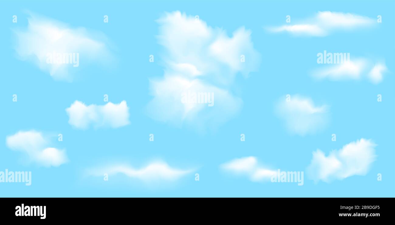 Sammlung von Vektorgrafiken von weißen realistischen Wolken auf blauem Hintergrund Stock Vektor