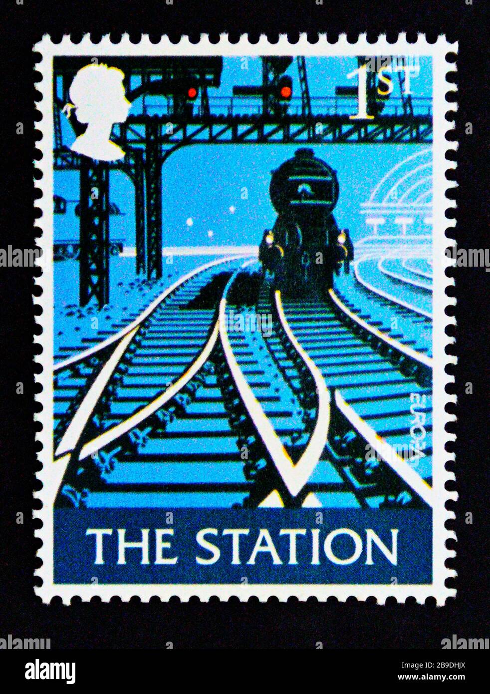 Briefmarke. Großbritannien. Königin Elizabeth II Europa. Britische Pub-Schilder. "The Station" (Andrew Davidson). 1. 2003. Stockfoto