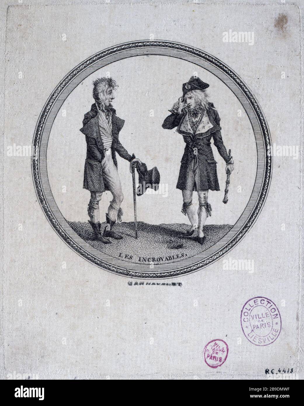 PARIS - DIE UNGLAUBLICHE COPIA. "Les Incroyables" (période Directoire). Tiefdruck. Paris, musée Carnavalet. Stockfoto