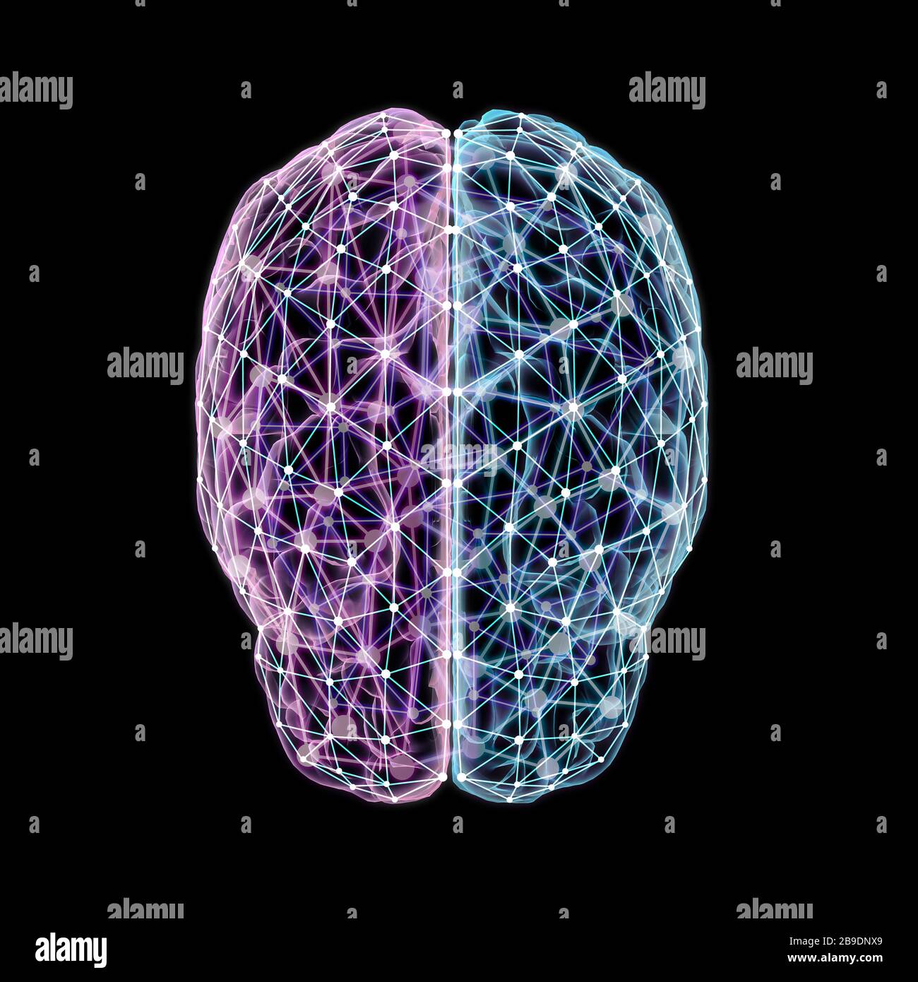 3D-Darstellung des Gehirns mit Netzwerkknoten. Stockfoto