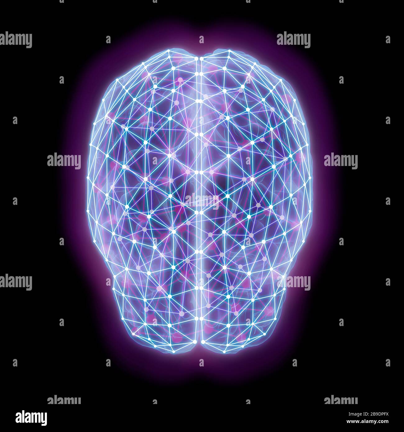 3D-Darstellung des Gehirns mit Netzwerkknoten. Stockfoto