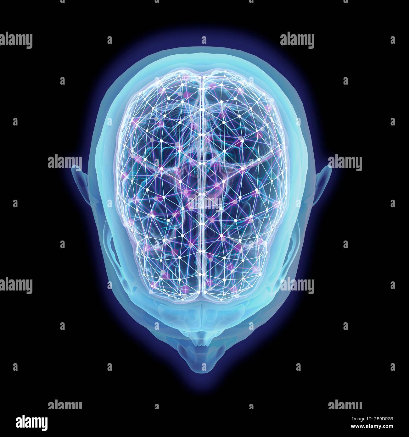 Kopf und Gehirn des Menschen mit Netzwerkknoten, Draufsicht auf schwarzem Hintergrund. Stockfoto