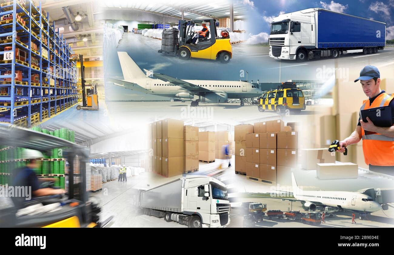 Transport von Waren und Gütern - Collage mit verschiedenen Bildern zum Thema Transport und Logistik Stockfoto
