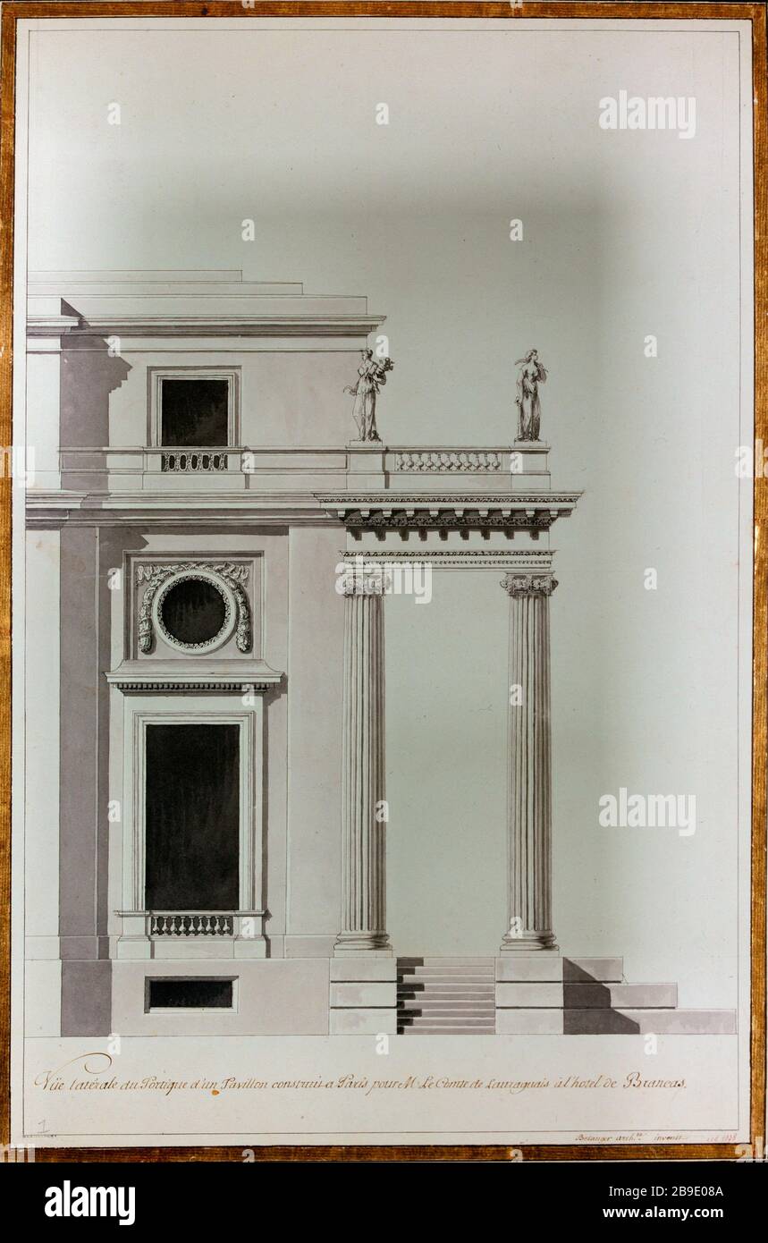 Seitenansicht der Gantry einer Fahne François-Joseph Belanger (1744-186). "Vue latérale du portique d'un pavillon construit à Paris pour M. Le Comte de Lauraguais à l'hôtel de Brancas". Plume lavis, fin XVIIIè. Paris, musée Carnavalet. Stockfoto