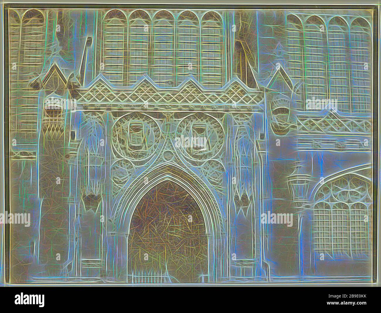 King's College Chapel, Cambridge, William Henry Fox Talbot (Englisch, 1800 - 1877), Cambridge, England, ca. 1844, gesalzter Papierdruck von einem negativ auf Papier, 12,7 × 16,8 cm (5 × 6 5,8 Zoll, von Gibon neu vorstellbar, Design von warmem, fröhlichem Leuchten von Helligkeit und Lichtstrahlen. Klassische Kunst mit moderner Note neu erfunden. Fotografie, inspiriert vom Futurismus, die dynamische Energie moderner Technologie, Bewegung, Geschwindigkeit und Kultur revolutionieren. Stockfoto
