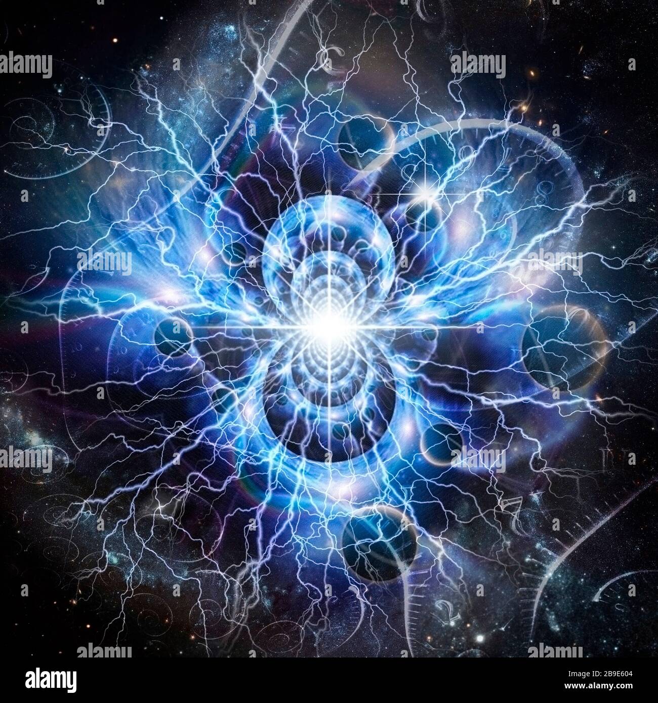 Fraktale Raum-Supernova- und Zeitspiralen. Stockfoto