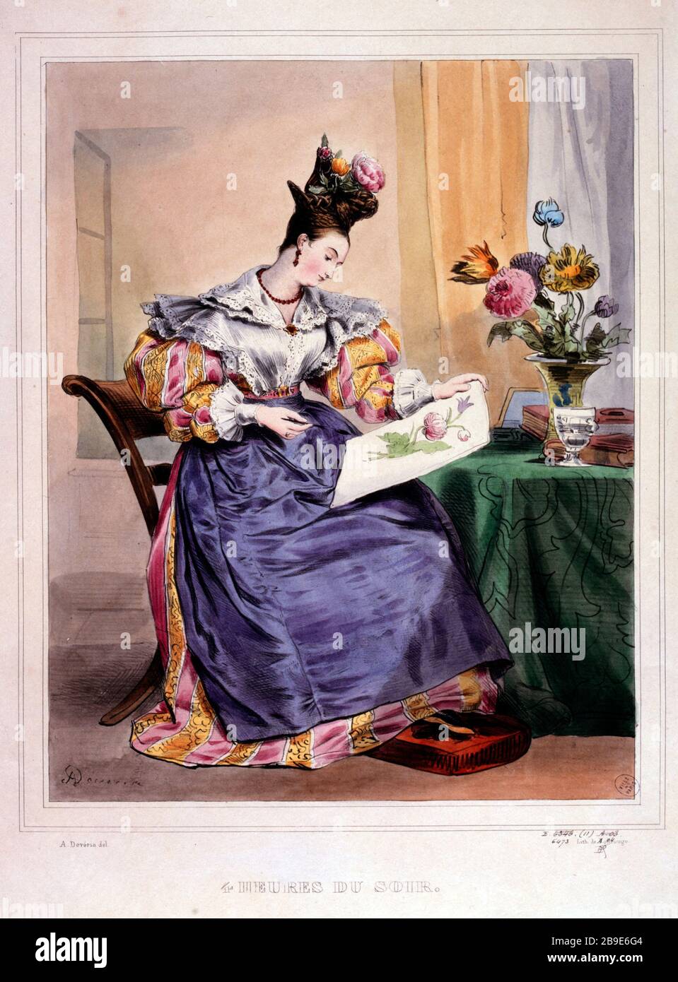 DIE STUNDEN DES TAGES - 4 STUNDEN ABENDS ACHILLE DEVERIA (1800-1857). "Les heures du jour - 4 heures du soir". Tiefdruck. Paris, musée Carnavalet. Stockfoto