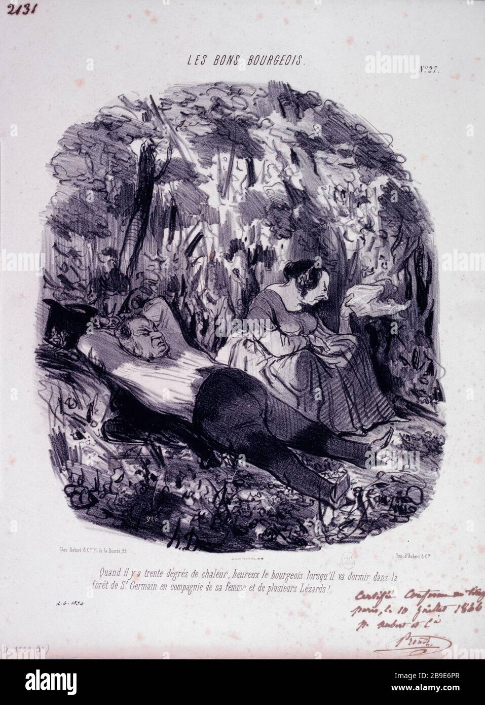 DER GUTE BÜRGER, NUMMER 27 - WENN ES DREISSIG GRAD WÄRME GLÜCKLICH IST, WENN DIE BÜRGERLICHE VA IM WALD VON SAINT GERMAIN IN BEGLEITUNG SEINER FRAU UND MEHRERER §-ECHSEN HONORÉ DAUMIER (1808-1879) SCHLÄFT. "Les bons bourgeoise, numéro 27 -quand il y a trente degrés de chaleur, heureux le Bourgeoisine lorsq'il va dormir dans la forêt de Saint Germain en compagnie de sa femme et de plusieurs lézards!". Tiefdruck. Paris, musée Carnavalet. Stockfoto