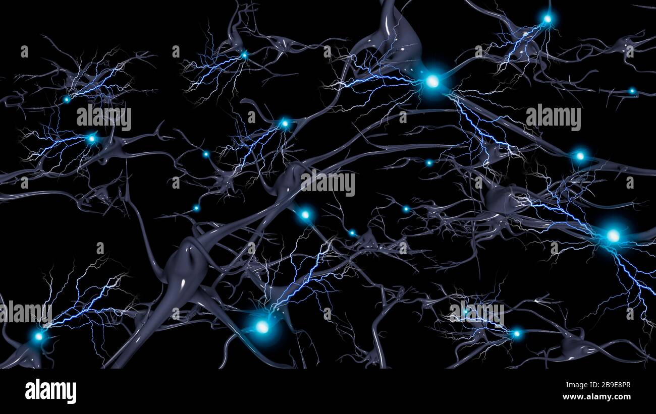 Gehirnzellen mit elektrischem Zünden von Neuronen. Stockfoto