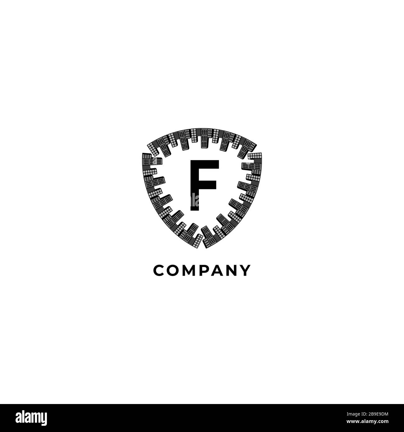 F Alphabet Logo Design Template. Abbildung des Ortsschilds. Versicherung, Sicherheit, Schutz Logo Konzept. Isoliert auf weißem Hintergrund. Stock Vektor