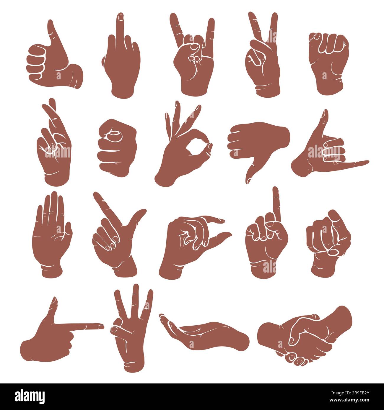 Handgesten, Fingerabdrücke, Zeichensymbole, Schablone, Logo, Silhouette. Monochrome Zeichnung des Handgelenks, Hände mit verschiedenen klassischen Symbolisolen Stock Vektor