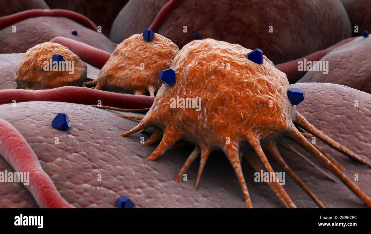 Konzeptionelles Bild einer Droge, die das Krebsvirus angreift. Stockfoto