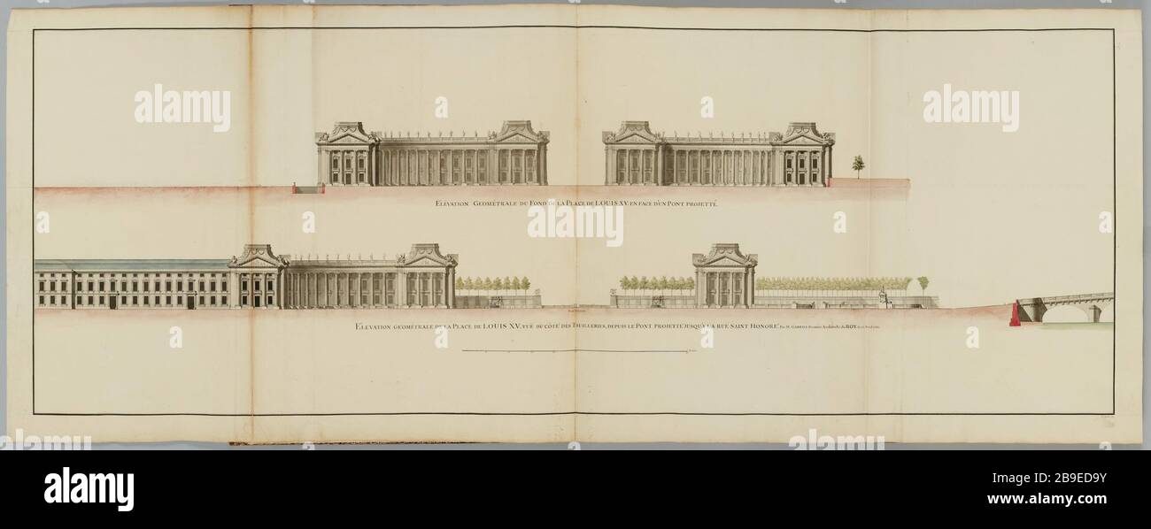 Berichte Marigny géométrale Rise Fund anstelle von Louis XV (Dummy Title)   géométrale Rise of Louis XV The Place Fund vor einer von Gabriel entworfenen Brücke (eingetragener Titel (Brief)) Gabriel, Jacques Ange (1698-10-23 - 1782-01-04), Recueil Marigny: Élévation géométrale du Fonds de la Place de Louis XV (titre factice), 1753. Encre à la plume et lavis colorés sur Papier. Musée Carnavalet, Histoire de Paris. Stockfoto
