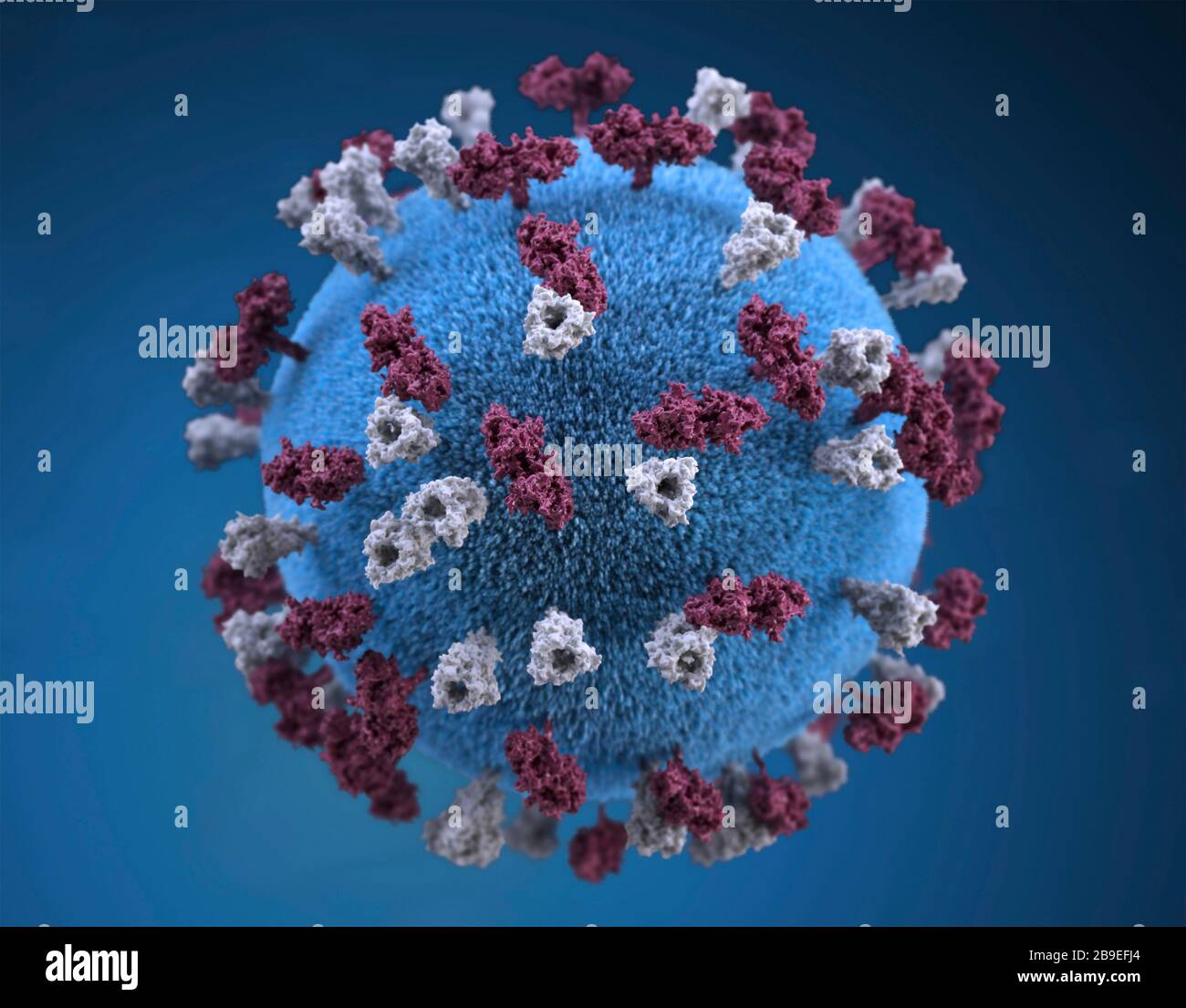 3D-Darstellung des kugelförmigen Virus-Teilchens der Masern. Stockfoto