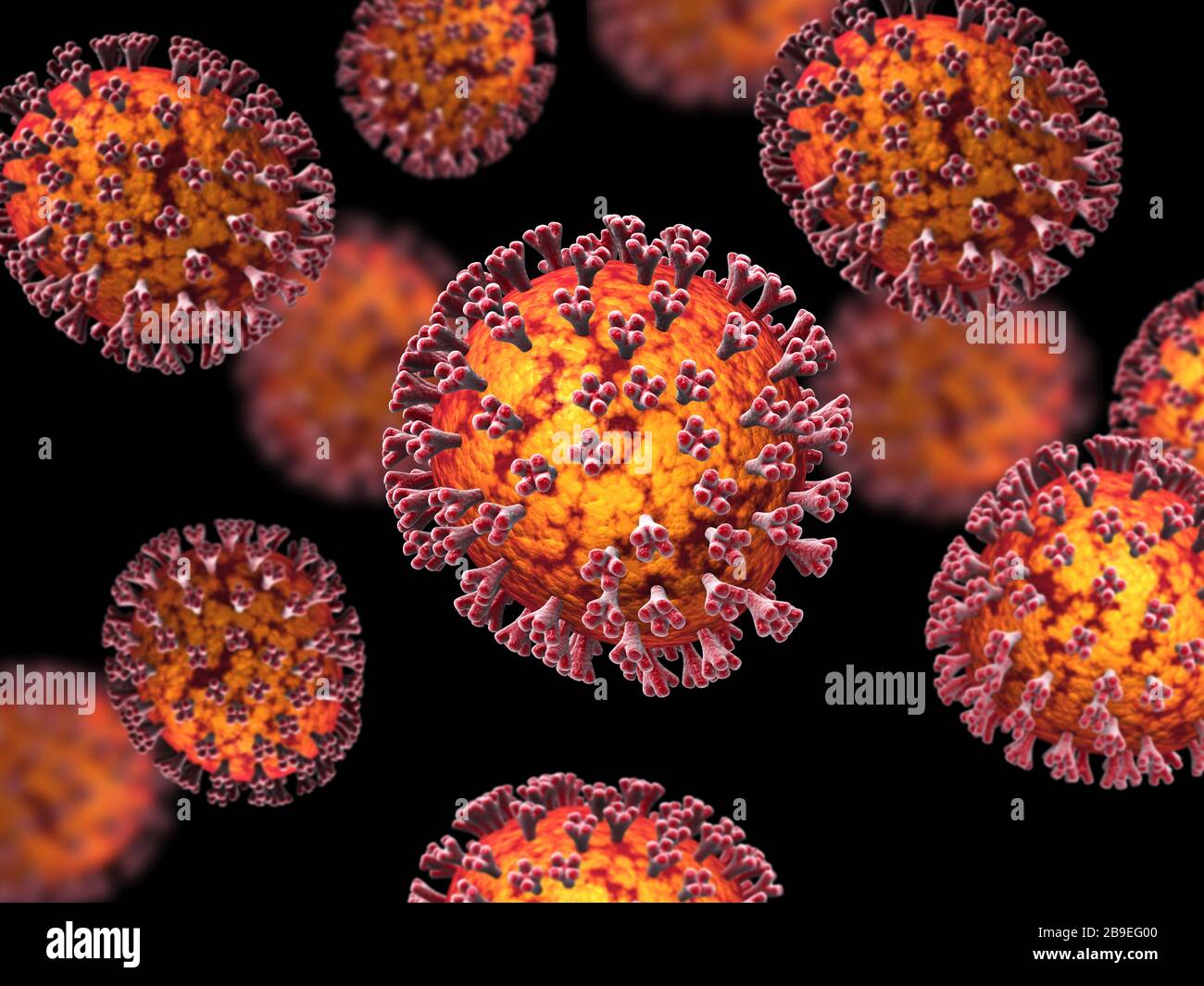 Mikroskopische Ansicht des COVID-19-Coronavirus. Stockfoto