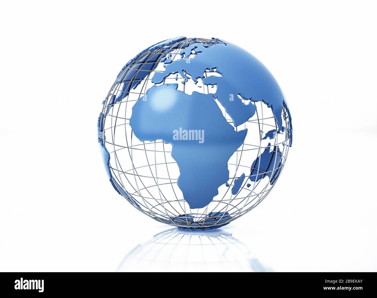 3D-stilisierter Erdglobus mit Metallgitter, Blick auf Asien. Stockfoto