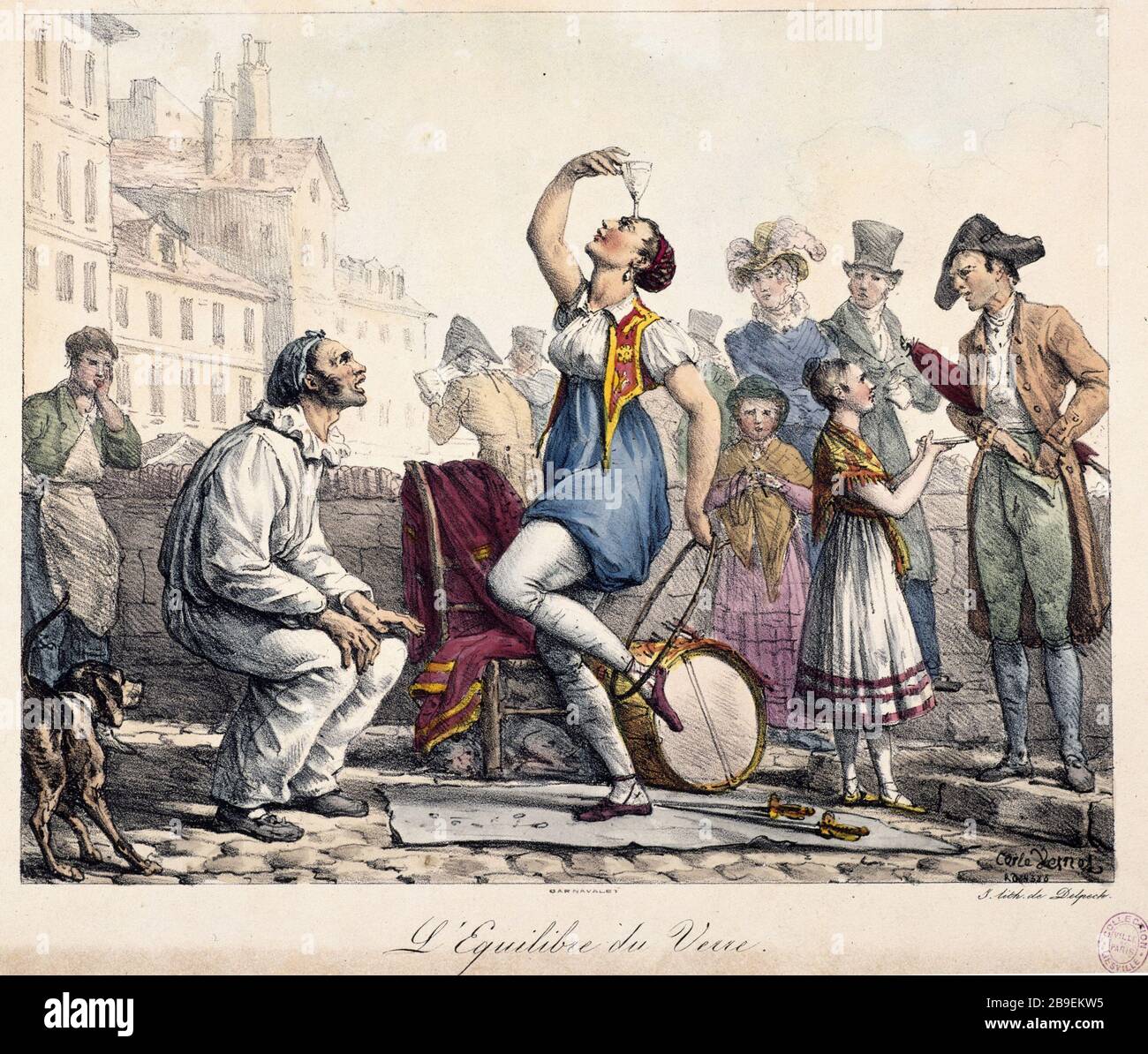 Die Glaswaage Carle Vernet (1758-1834). "L'équilibre du verre". Tiefdruck. Paris, musée Carnavalet. Stockfoto