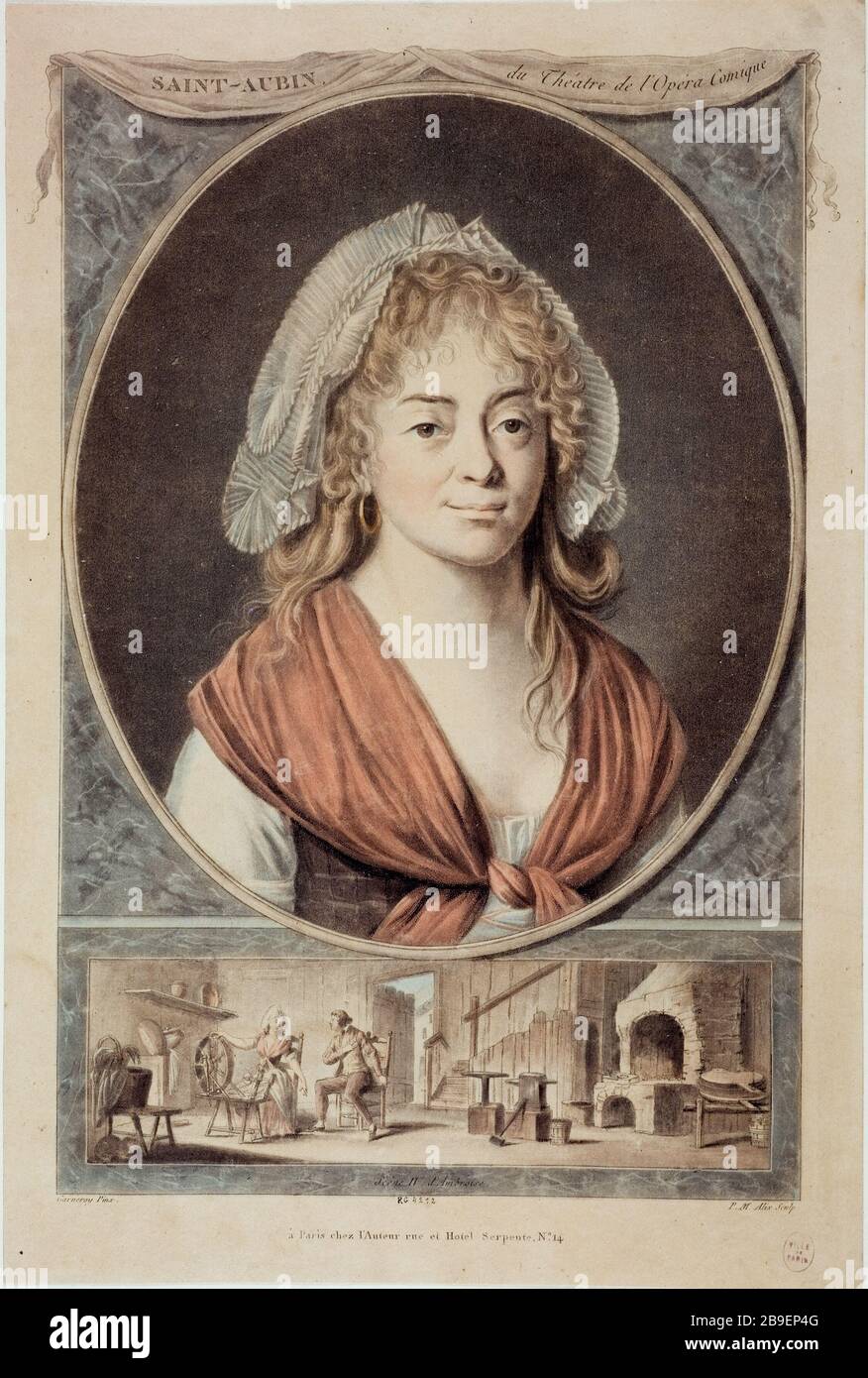 PORTRAIT DE SAINT-AUBIN-THEATER DER OPER PIERRE-MICHEL ALIX (1762-1817). "Portrait de (madame) Saint-Aubin du théâtre de l'Opéra". Tiefdruck, Im Jahre 1798. Paris, musée Carnavalet. Stockfoto