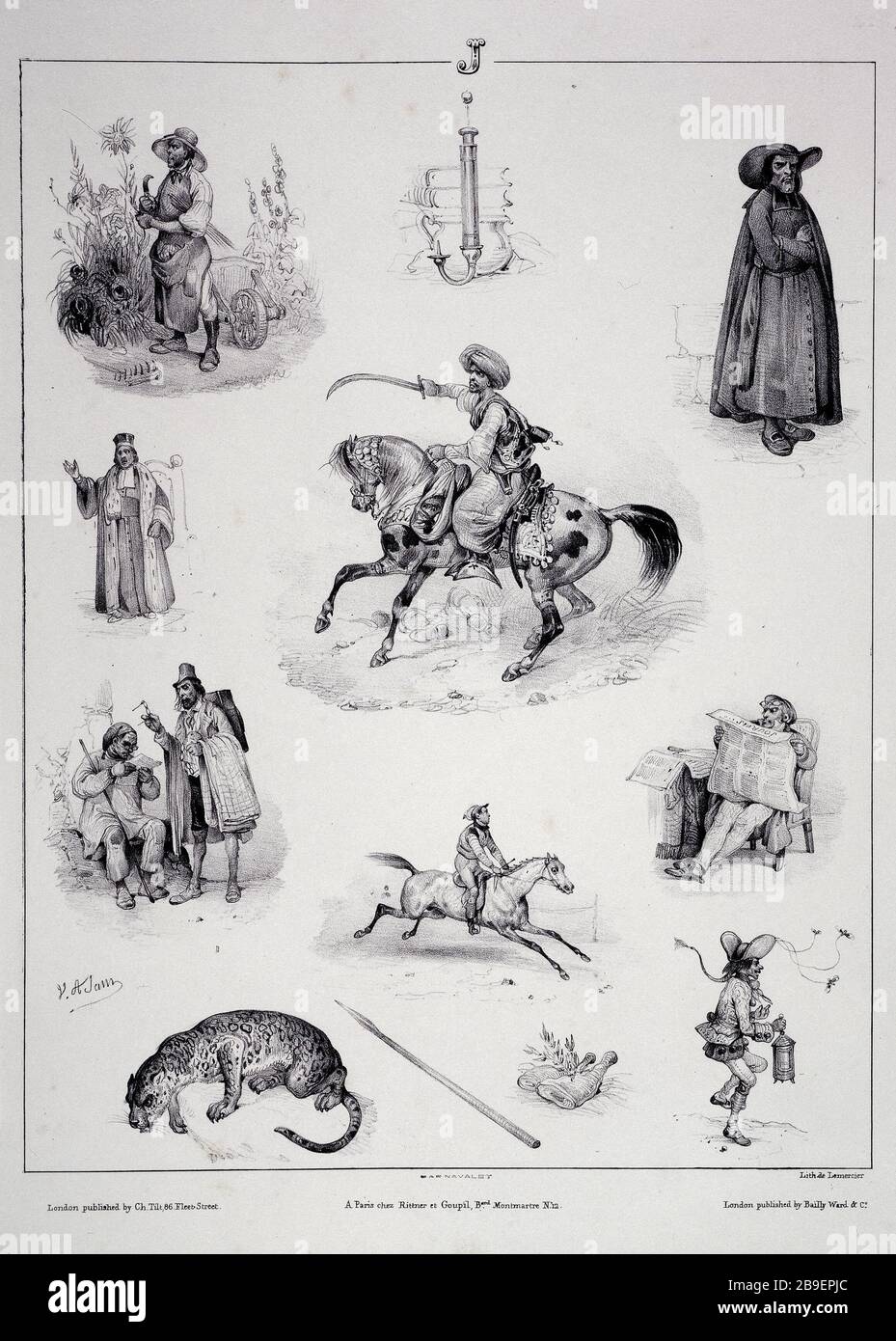 BRIEF J - NEU IN ABECEDAIRE ENIGMES Jean-Victor Adam, dit Victor Adam (1801-1866) /Rittner/Adolphe Goupil (1806-1893)/Joseph Lemercier (1803-1887)/Charles Tilt ou Thilt/Bailly-Ward et Cie. Lettre J; "Nouvel abécédaire en énigmes". Abécédaire. Lithographie, en 1834. Paris, musée Carnavalet. Stockfoto