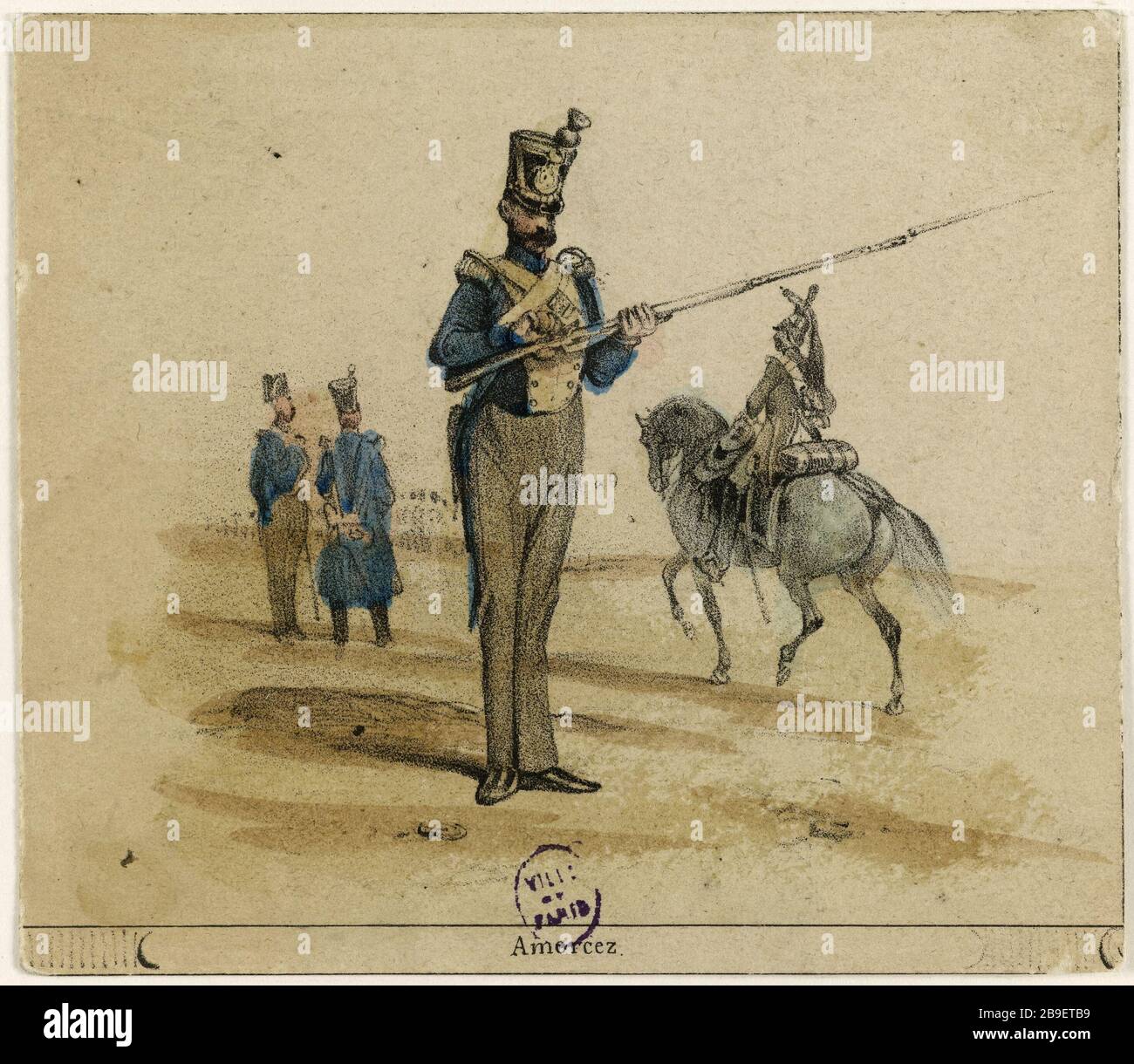 Der Umgang mit dem Gewehr: Stiefel. Jean-Victor Adam, Dit Victor Adam (1801-1866). Le Maniement du fusil: Amorcez. Lithographie en couleurs. Paris, musée Carnavalet. Stockfoto