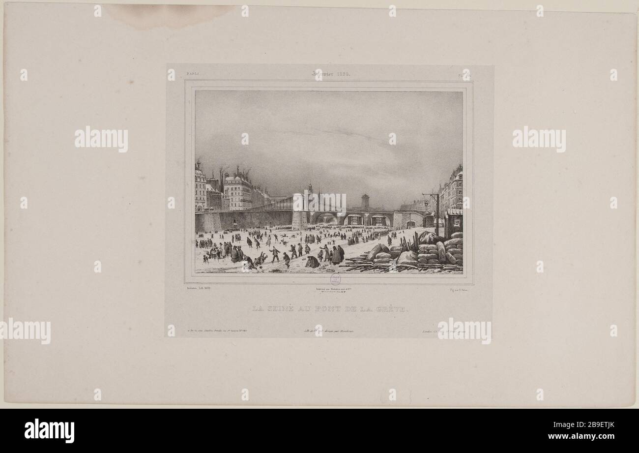 Januar 1830 Album: Die seine auf der Streikbrücke Jean-Victor Adam, dit Victor Adam (1801-1866), peintre et lithographe français. Album 'Janvier 1830' : La Seine au pont de la grève. Lithographie, XIXème siècle. Paris, musée Carnavalet. Stockfoto