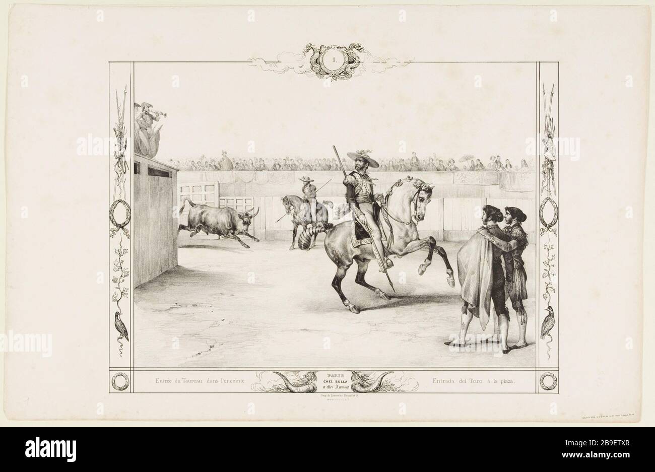 Eingang des Stiers im Gehege (Pl.1) Jean-Victor Adam, dit Victor Adam (1801-1866). "Combat, corrida du taureau de toros; entrée du taureau dans l'enceinte (pl.1)". Lithographie. Paris, musée Carnavalet. Stockfoto