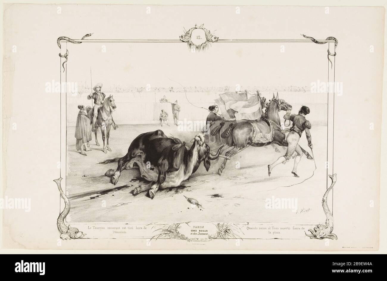 bull fällt sterbend wird aus dem Gehege herausgezogen (pl.12) Jean-Victor Adam, dit Victor Adam (1801-1866). "Combat, corrida du taureau de toros; le taureau trauert um est tiré hors de l'enceinte (pl.12)". Lithographie. Paris, musée Carnavalet. Stockfoto