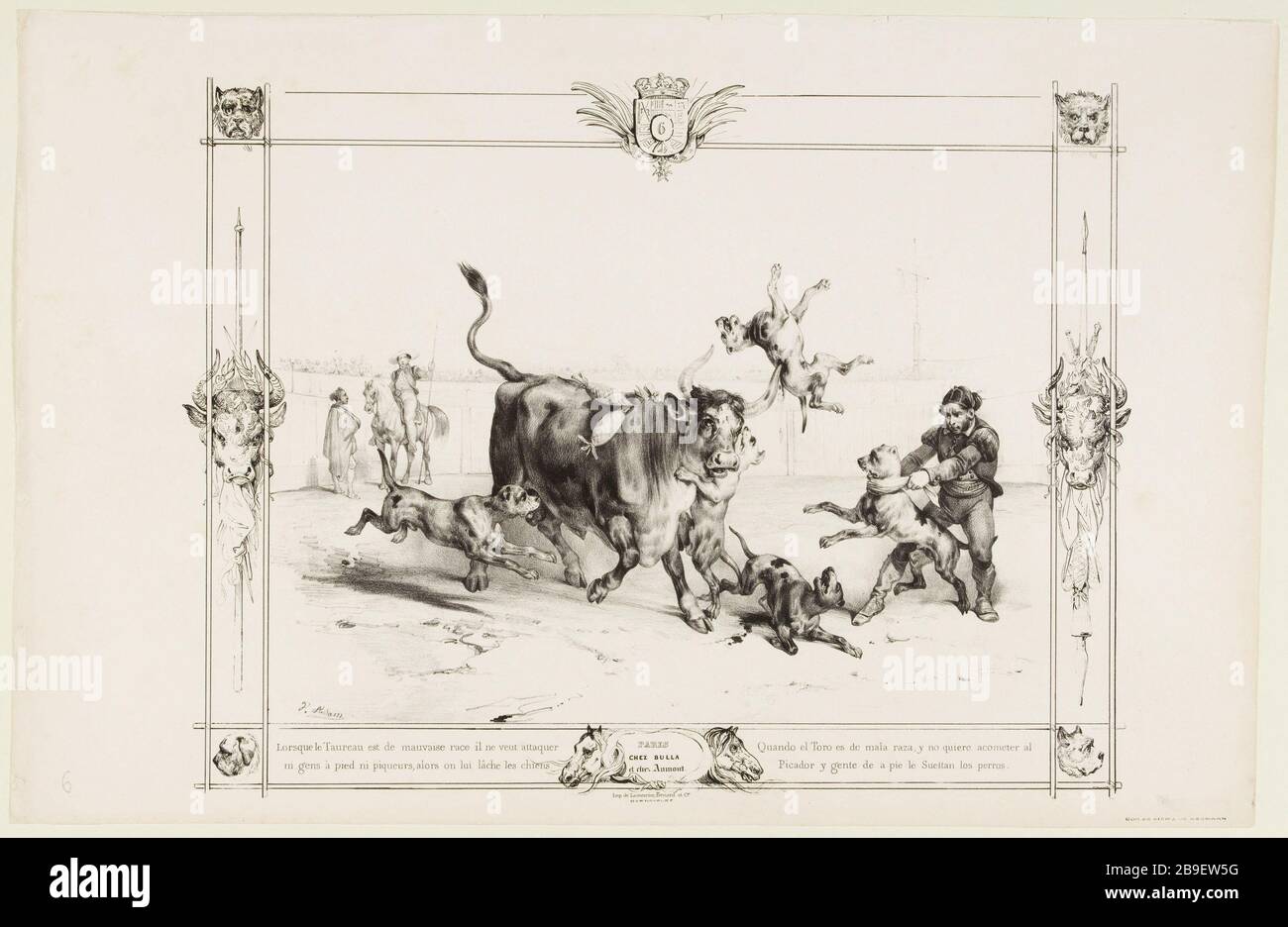Wenn der Bulle eine schlechte Rasse ist, greift er an oder Menschen gehen oder beißen, also lassen wir ihm Hunde (PL.6) Jean-Victor Adam, dit Victor Adam (1801-1866). "Combat, corrida du taureau de toros; lorsque le taureau est de mauvaise Race, il ne veut attaquer ni Gens à pied ni piqueurs, alors on lui lâche les chiens (pl. 6)". Lithographie. Paris, musée Carnavalet. Stockfoto