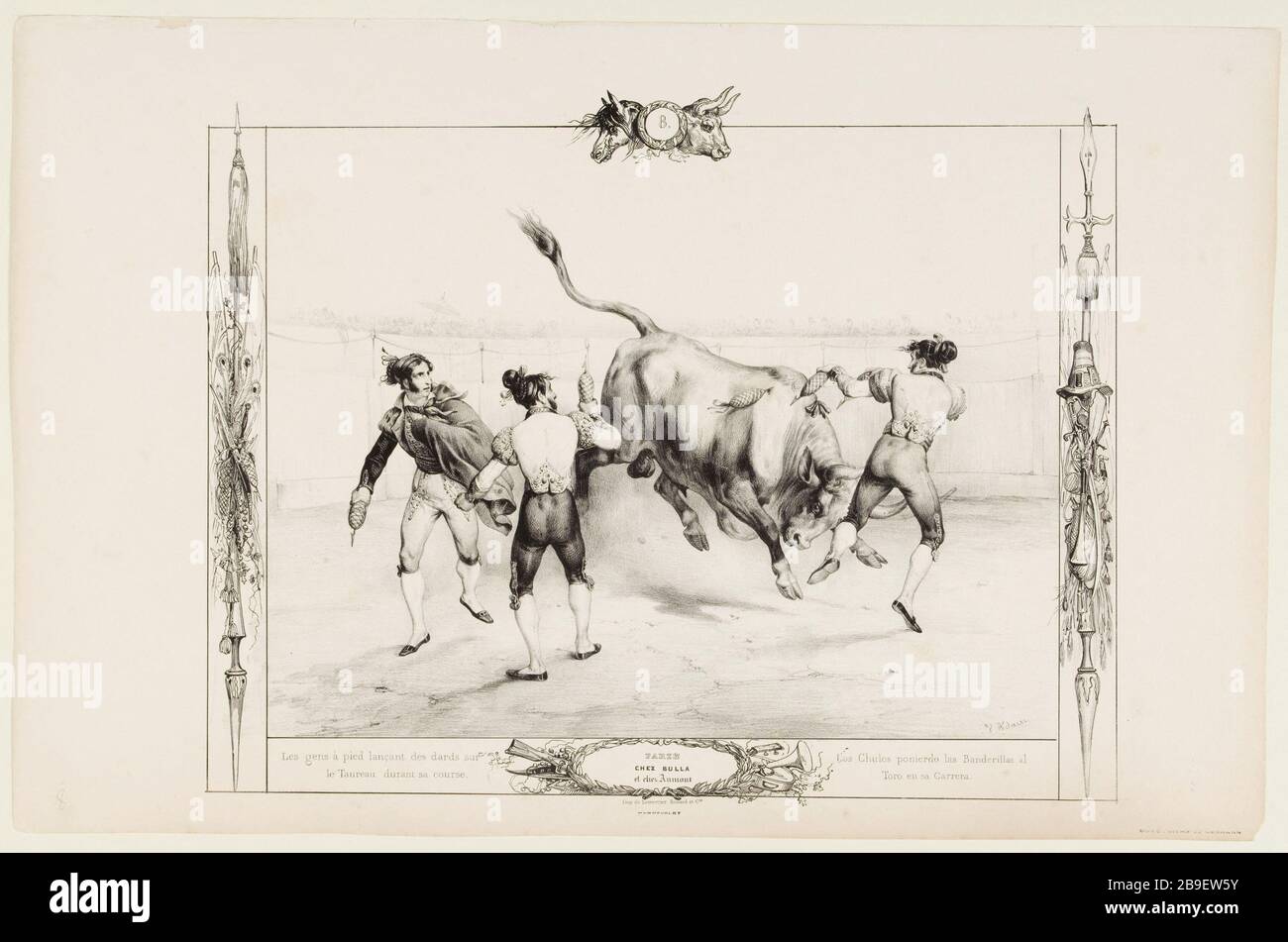 Die Leute zu Fuß, die während ihres Laufes Darts auf den Stier werfen (pl.8) Jean-Victor Adam, dit Victor Adam (1801-1866). "Combat, corrida du taureau de toros les Gens à pied lançant des dards sur le taureau durant sa course (pl.8)". Lithographie. Paris, musée Carnavalet. Stockfoto