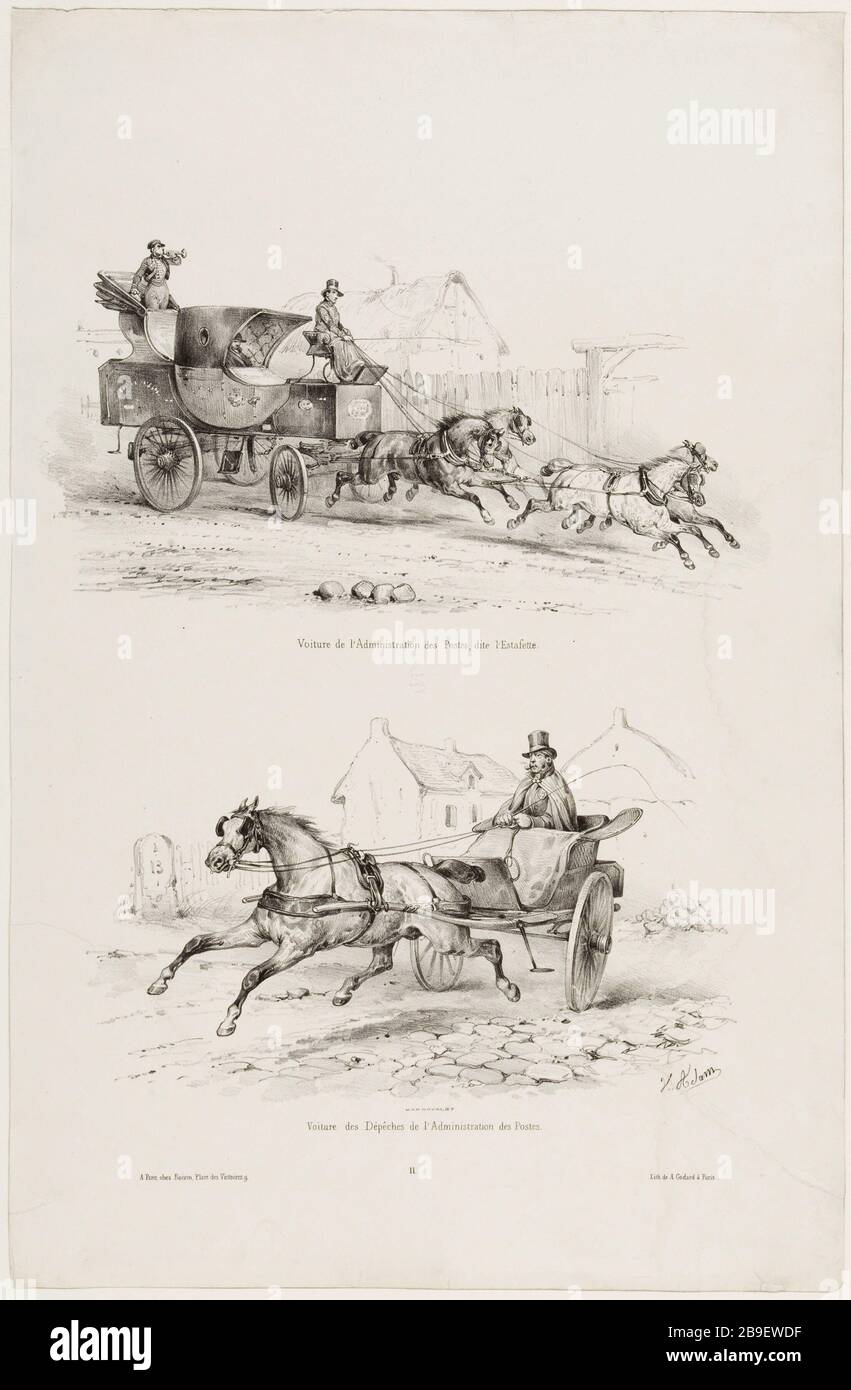 Autoposten, genannt Estafette/Auto-Dispatches, stellen Jean-Victor Adam, dit Victor Adam (1801-1866). "Suite de voitures moderes et de chevaux harnachés (pl. 11)'. Voiture des postes, dite l'Estafette/voiture des dépêches des postes. Lithographie. Paris, musée Carnavalet. Stockfoto