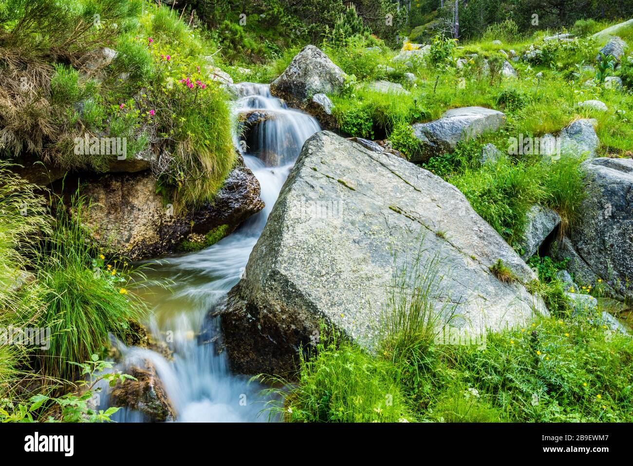 Wasserfluss im Pyrenäengebirge. Stockfoto