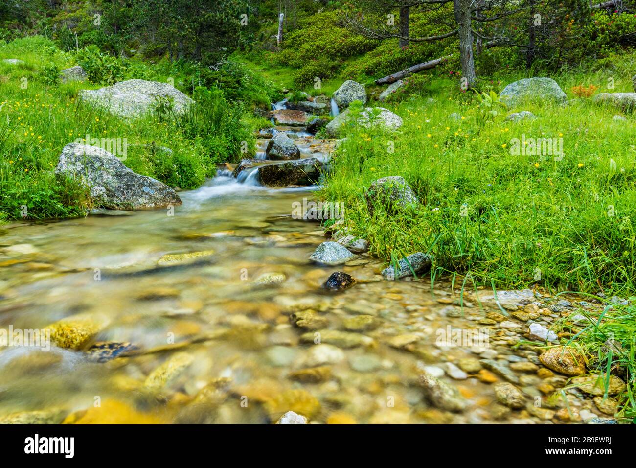 Wasserfluss im Pyrenäengebirge. Stockfoto
