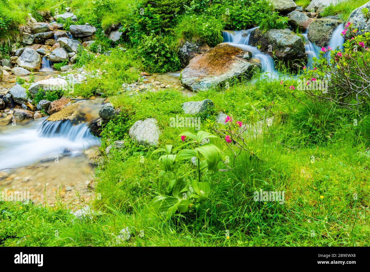 Wasserfluss im Pyrenäengebirge. Stockfoto