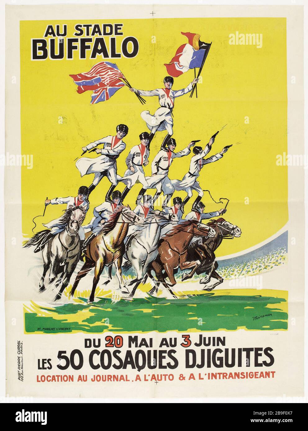 BUFFALO BÜHNE VOM 3. MAI 20. JUNI, SEITE 50 KOSAKEN DJIGUITES MIRAMAR. Diese Spektakel der 50 cosaques djiguites au stade Buffalo de Montrouge (Département des hauts de Seine). Lithographie couleur, 1925. Paris, musée Carnavalet. Stockfoto