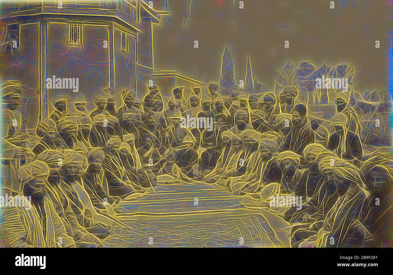 Gruppenporträt von Männern, Soldaten und Jungen, John Burke (Brite, aktive 1860 - 1870er Jahre), Afghanistan, 1878 - 1879, Albumen-Silberdruck, von Gibon neu vorgestellt, Design von warmem fröhlichem Leuchten von Helligkeit und Lichtstrahlen. Klassische Kunst mit moderner Note neu erfunden. Fotografie, inspiriert vom Futurismus, die dynamische Energie moderner Technologie, Bewegung, Geschwindigkeit und Kultur revolutionieren. Stockfoto