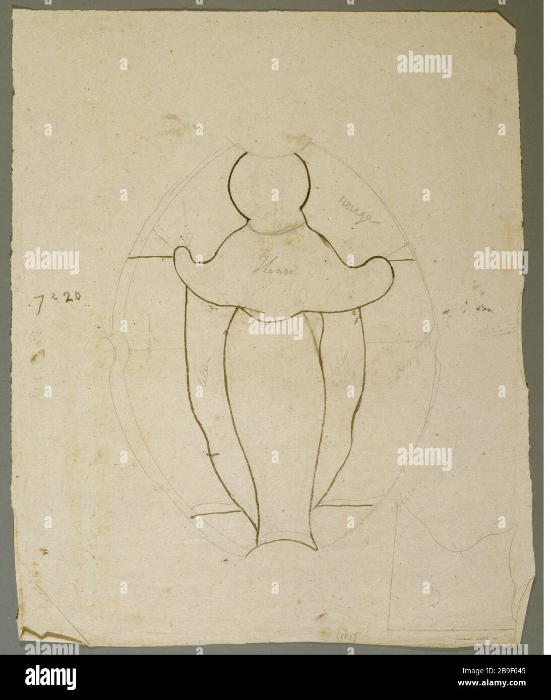 ZEICHNUNG VON BUNTGLASSTÜCK FÜR DEN OVALEN HEILIGEN HENRY PROSPER LAFAYE (1806-1883). "DESSIN de vitrail: pièces ovales pour Saint Henri, entre in den Jahren zwischen den Jahren um 1875". Paris, musée Carnavalet. Stockfoto