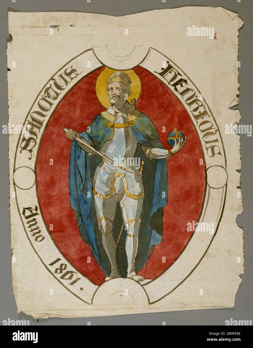 GLASDESIGN: SAINT HENRY Prosper Lafaye (1806-1883). "DESSIN de vitrail: Saint-Henri, entre, zwischen den Jahren um die Jahre zwischen den Jahren um die Jahre zwischen den Jahren 1875 und dem Jahr 1875" Paris, musée Carnavalet. Stockfoto