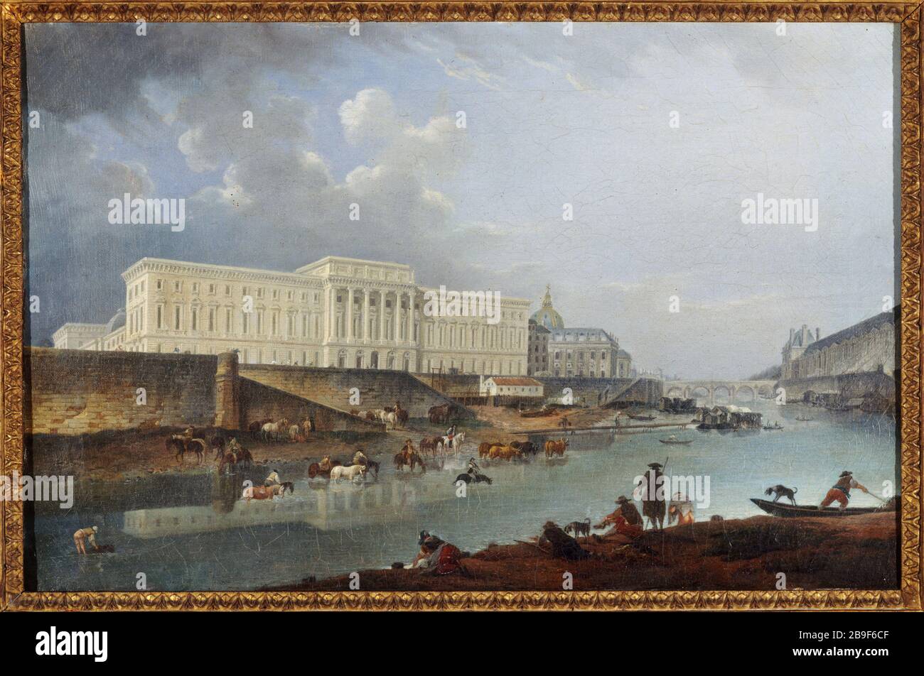 Mint und seine von der Spitze der Ile de la Cité Pierre-Antoine Demachy (1723-1807) aus gesehen. "L'Hôtel de la Monnaie et la seine vus de la pointe de l'île de la Cité", 1777. Paris, musée Carnavalet. Stockfoto