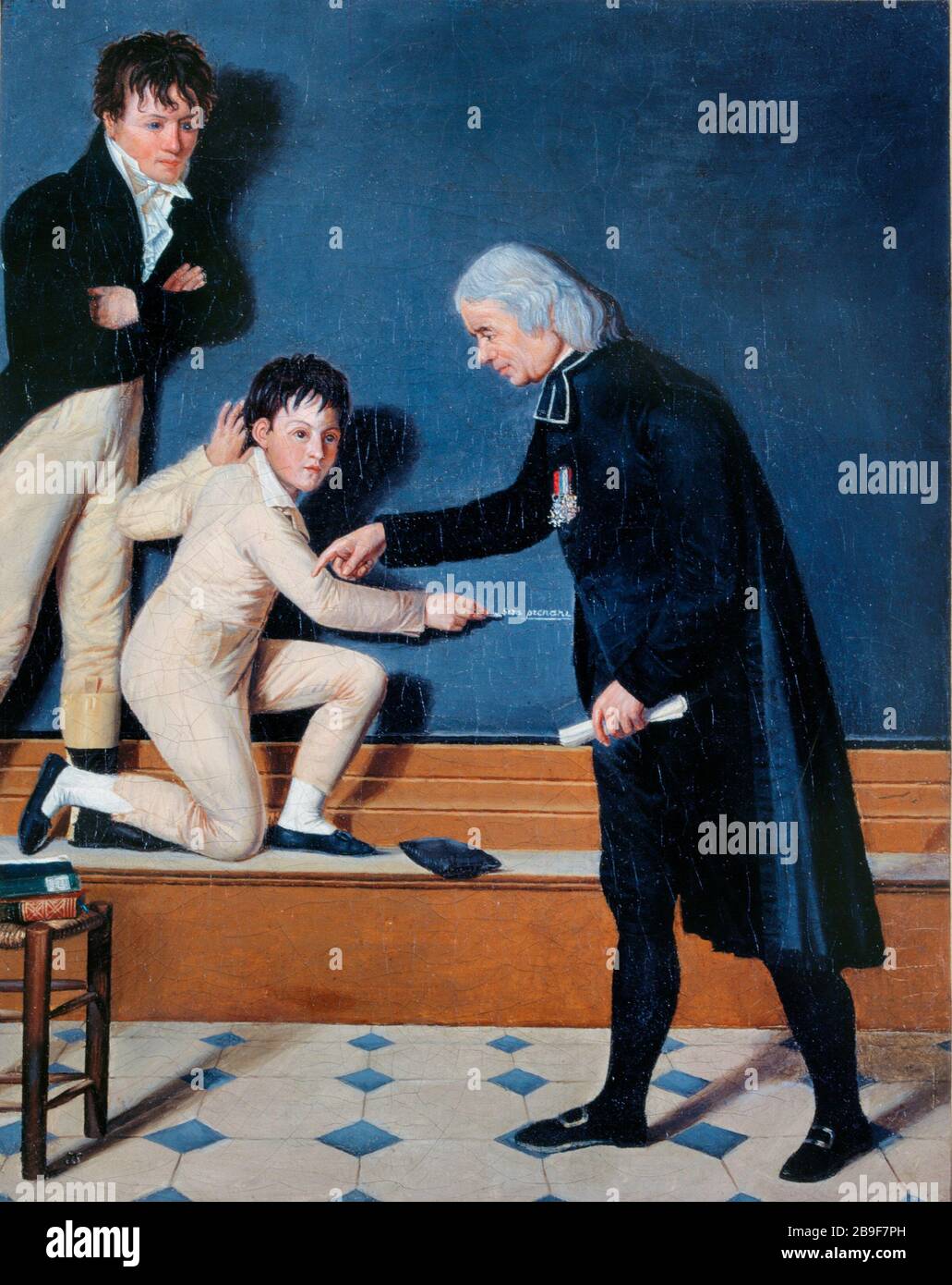 Vater Sicard belehrend taube Mutungen D'après Jérôme Langlois (1779-1838). "L'Abbé Sicard (1742-1822) instruisant les Saurets". Huile sur toile. Paris, musée Carnavalet. Stockfoto